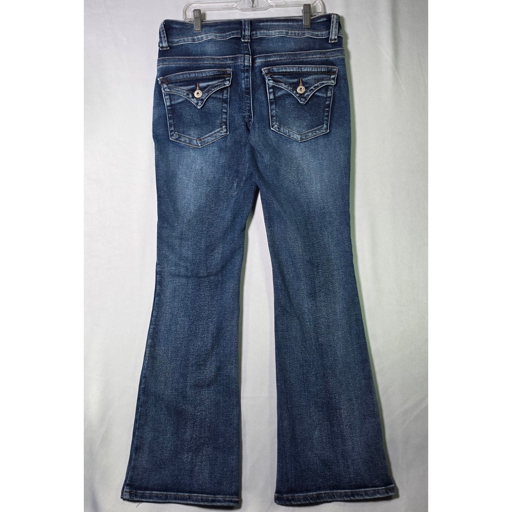 Telepatia Womens Dark Wash Double Button Flap Pocket Bootcut Jeans Blue